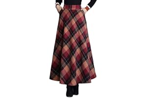 ebossy - Falda larga de cintura alta vintage para mujer, lana mezclada, a cuadros, acampanada, con bolsillo