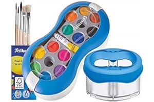 Pelikan , Acquerello 735 SP/12 con 12 Colori e 1 tubetto di Copertura/Starter (Blu con Tazza d'Acqua Spaziale + Set di pennelli), 7 Pezzi