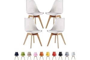 LIFE INTERIORS Single Set of 2/4/6 Retro Modern Dining Chairs – Lorenzo Plastic Chairs with Cushioned Pad Seat & Solid Beech Wooden Legs - Side Chair for Living Room Kitchen Office Lounge (White, Pack of 4)