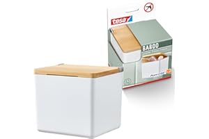 tesa Baboo Bathroom Organiser S with Bamboo Lid, Matt White, Bathroom Storage Box for Wall Mounting without Drilling, Includes tesa Powerstrips Waterproof Strips XL, 122 mm x 110 mm x 102 mm