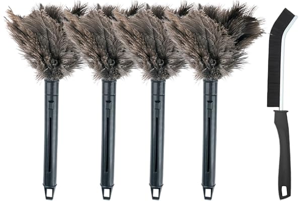 Strutsfjäder dammvippa, fjädervippa damm, dammvippa liten, Ostrich Feather Duster, med 4 stycken långstegsborste, för persienner, möbler, lampor, hyllor och svåråtkomliga hörn