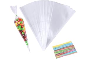FYGUARD 100 Stück Spitztüten Transparent, 13 x 25cm Süßigkeiten Tüten mit Bindebänder Cellophantüten Süßigkeiten Tüten Candy Bar Tüten für Weihnachten Hochzeit Geburtstag