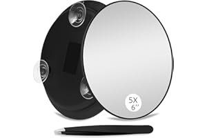 ‎SUUPVAOR Vergrößerungsspiegel 5fach mit 3 Saugnäpfen, Großer 15cm 5-Fach Vergrößerungsspiegel mit Saugnapf zum Aufkleben im Badezimmer, 5X Reise-Kosmetikspiegel mit Pinzette