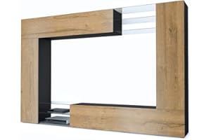 ‎VLADON Vladon Wohnwand Mirage, Made in Germany, Anbauwand mit Rückwand mit 2 Türen, 2 Klappen und 6 offenen Glasablagen, Schwarz matt/Eiche Natur (262 x 183 x 39 cm)