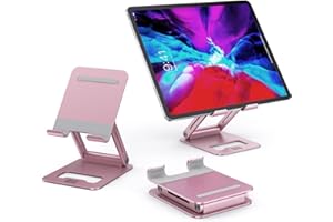Minthouz Tablet Ständer, Verstellbarer und Faltbarer Tablet Halterung, Aluminium Tablet Halter mit Anti Rutsch Pads, Kompatibel mit Allen 4,7-12,9 Zoll Smartphone/E-Reader/Tablet/Ultrabook- Rosa