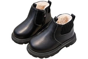 SAXREL Girls Ankle High Boots Kids Side Zipper Round Toe PU Fleece Lined Thickened School Shoes Pull Tab Hiking Combat Shoes 1-8 Years