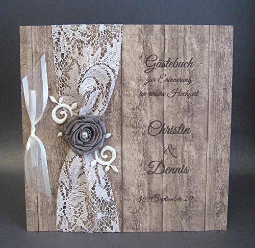 Gästebuch zur Hochzeit mit Namen 11053 "Holzoptik" Spitze und Blüte braun