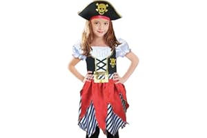 Sincere Party Girls Pirate Costume Pirate Bcaneer Princess Deluxe Dress&Pirate Hat for Kids 3-10years