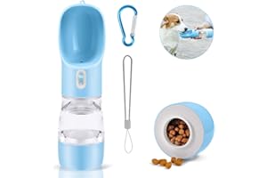 TUNAON Portátil Botella de Agua para Perros Gatos，Multifuncional Botella para Perros，Botella de Agua para Cachorro de Prueba Fugas con Alimentador para Viajar al Aire Libre (Azul, 258ML)
