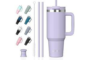 WATERSY 40oz Vaso Termico con Asa y 2 Pajita, 1.2L Termo Agua Acero Inoxidable, Taza de Viaje Termica para Frío y Caliente, Thermal Mug para Gimnasio, Oficina, Viaje (Morado)