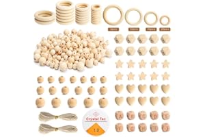 UMILKI Holzringe Holzperlen Set,307Pcs Natürliche Runde/Achteckig/Buchstaben/Herz Makramee Holzperlen, 4 Größen Holzringe zum Basteln, Holzkugeln mit Loch für DIY Schmuck Herstellung Bastelnprojekte