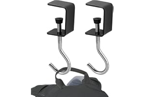 Cxryrzhe 2 PCS Clamp-On Desk Mount Bag Holder Hooks - Black Metal Hooks with Adjustable Arm - Holds Headphones, Bags, Purses, Clothes - Heavy Duty Hanger Organizer