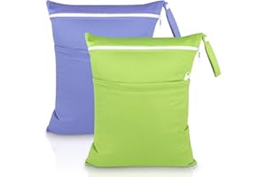 SLETIE 2 Packs Wet Bag, Waterproof Wet Dry Bags, Reusable Washable Cloth Diaper Bags, Nappy Bag with Double Zipper Pockets for Baby Items Swimming Camping Travel Beach Pool Bag (Purple+Green)