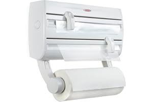 Leifheit Parat F2 ComfortLine Portarotoli per 3 Rotoli, Taglia Rotoli con Ripiano Portaspezie, Portarotolo Cucina Carta, Pellicola, Alluminio, Bianco