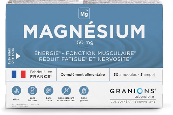 Magnesium Ampoules 150 mg - GRANIONS - Fabriqué en France - Énergie - Fonction musculaire - Fatigue - Nervosité - 150 mg de Magnésium - 30 ampoules = 10 JOURS
