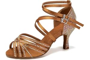 RUYBOZRY Zapatos de Baile Latino Mujer con Brillantes Punta Abierta Zapatos Baile de Salón Suela de Ante Mujer Salsa Bachata con Tacón de 7.5 cm Suela de Ante