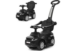 GYMAX 3 in 1 Kids Ride on Push Car, Push Along Car with Handle, Guardrails, Lights, Horn & Music, Underneath Storage, Toddler Sliding Toy for 1-3 Years Old Boys Girls (Black)