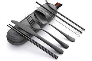 XRVRILE Resebestick i rostfritt stål med fodral, 8 bestick för resor, bärbart campingbestickset, perfekt för picknick, utomhu