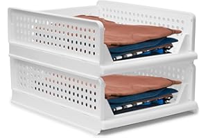 BOODPET Wardrobe Storage Organiser, 2PCS Small Stackable Baskets – 43x33.5x14cm, Multi-Purpose Plastic Storage Bins for Closet, Bathroom, Office, Home, Toys, Books, Clothes