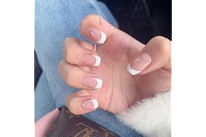 JUSTOTRY 24 Pcs Milky Square Short False Nails,White French Tip Press on Nails Pattern, Glossy Fake Nails with Nail Glue,Squoval Stick on Nails for Women Nails Art