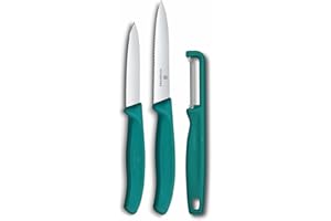 Victorinox Swiss Classic Set di coltelli per verdure con pelapatate, spelucchino e coltello per pomodori, 3 pezzi, lama diritta e seghettata, acciaio inox, Verde
