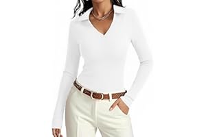 Aottori Polo Femme Manches Longues Col en V T-Shirt Côtelé Chemises Extensible Slim Fit Élégant Hauts Basic Sexy Pull Décontracté Top