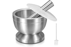 Sopito Mortaio con pestello, 380 ml, grande, in acciaio inox, mortaio e pestello, con coperchio, spazzola, fondo antiscivolo per macinare erbe, spezie, pillole, diametro 11,7cm