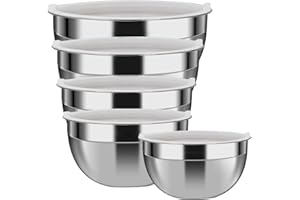 Luvan 304 ciotole in acciaio inossidabile con coperchi, set di 5 (1,45 l, 1,8 l, 2,5 l, 3,2 l, 4 l) insalatiere impilabili per una facile conservazione, lavabili in lavastoviglie e adatte