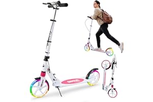 Teamoove LED Light Wheels Scooter for Kids Ages 8-12, Fast Folding Hand Brake Adult Kick Scooters, Smooth Ride, Height Adjustable City Micre Scooter for Adults and Teenagers 12+