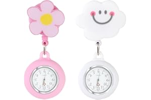 SUUOSL Fob Watch Retractable Nurse, Pattern Clip-On Telescopic Nurses Watch with Luminous Hands, Ideal Nurse Accessories & Gifts for Doctors, Medical Use & Shift Work (White Cloud & Pink Flower)
