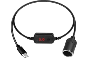 RIIEYOCA PD USB C Male to Cigarette Lighter Socket Converter Cable, 5V to 20V Type C Cigarette Lighter Female Adapter with Adjustable Voltage Button for Dash Cam, GPS (0.3M/1FT)