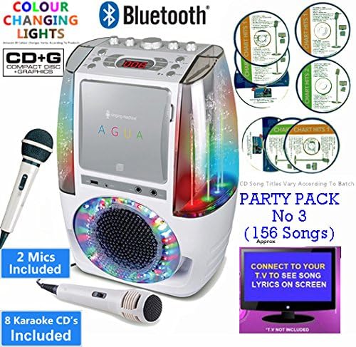Classic 605 BLUETOOTH KARAOKE, Colour Changing Disco Party Light, Aux In, Smart Phone, Tablet, CDG+ Format CD Player, Connect TV to Display Song Lyrics. Boys, Girls Party Pack 3. White. 2 mics, 8 CDs