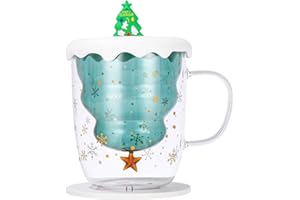 Xaosin Tazza di Natale a doppia parete, grande, 300 ml, tazza da caffè, tazza da tè e vin brulé, con coperchio per albero di Natale, tazza di Natale con sottobicchiere, per uomo e donna