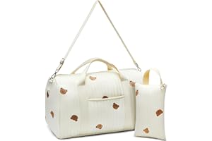 Paterr Large Mommy Hospital Bag with Baby Bear Cute Cotton Reusable Handbag Zip Closure Nappy Storage Pouch Multifunction Baby Stroller Storage Bag, White