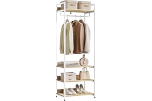 WOLTU Porte-Manteau Meuble pour Vêtements avec Un Tringle et 4 Étagères de Rangement en Bois et Acier, Penderie Ouverte pour Salon, Chambre Chêne Clair + Blanche