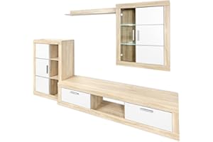 mattfy - Mueble de Salón Moderno con Leds, Módulos de Comedor, Modelo Gitta, Acabado en Blanco y Cambria, Medidas: 259 cm (Ancho) x 132,5 cm (Alto) 40 cm (Fondo)