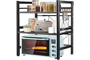 Kamiya Scaffale per Microonde Espandibile, Salvaspazio Organizer Cucina Più Spesso, Mensola Microonde Regolabile con 6 Ganci, Mobile Cucina 3 Livelli Nero