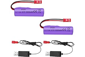 AMZZN 2pcs 3.7v 1000mah JST-2p Plug Li-ION Batterie avec câble de Charge USB pour Huina 1337 1338 1516 1517 télécommande Voiture d'ingénierie RC télécommande Toy Car Batterie