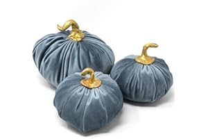 DECLEA Set Zucca Decorativa in Velluto Decorazione Autunnale tavola Camino e casa, Cuscino a Forma di Zucca in Velluto Morbido Realizzato a Mano, Azzurro Polvere 3 pz.
