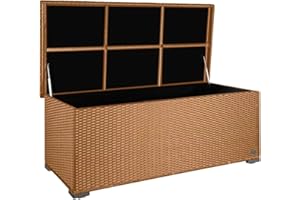 RS Trade® exclusive 'Sienna' 650l Polyrattan Garten Kissenbox wetterfest wasserdicht 155 x 73 x 60 cm, Auflagenbox mit verstärktem Deckel und Gasdruckfedern, als Sitztruhe oder Tischplatte; Natur