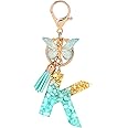 MWOOT Cute Initial Letter Keyrings Green Key Ring,Capital Alphabet Gold Foil Resin Keychain Charm with Butterfly Tassel Pendant,Fashion Key Chain for Women Adult Gift Purse Bag Handbag Decor