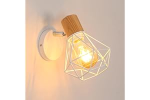 Toolight Applique Murale Industrielle Vintage, Lampe Murale 350° Rotative en Bois, Lampe Cage E27 en Métal et Fer pour Chambre Couloir Salon, Max 60W, Blanc(Ampoule non Incluse)
