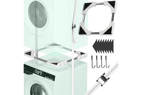 JHCHU Slimline Kit d'empilage pour Lave-Linge et sèche-Linge, Cadre Universel Ultra Fin pour appareils de 45 à 68 cm, Design Peu encombrant avec Sangle à cliquet et 4 Crochets Multifonctions (Blanc)