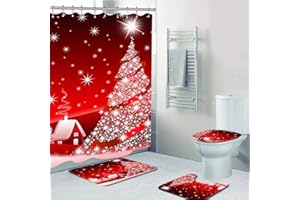 ChYoung 4 STÜCKE Weihnachten Bad Sets Schneemann Weihnachtsmann Duschvorhang / Badematten Teppiche / U-förmigen Podest Matte / Toilettensitzbezug (A3)