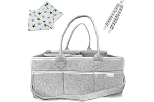 FASIN Baby Nappy Caddy Organiser with 2 Baby Bibs & Pacifier clips - Long Shoulder Strap for Easy Carry - Foldable Caddy for Diapers & Baby Wipes, Large Adjustable Compartments Diaper Caddy - Grey