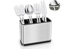 QOUBNIC Escurridor de Cubiertos, Estante de Utensilios de Cocina en Acero Inoxidable, Escurre Cubiertos 4 Compartimentos Para Cuchillo, Tenedor, Cuchara