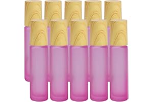 Enenes Ätherische Öle Roller Flaschen 10 Stück 10ml Anti-UV Roller Schwarzglasflaschen mit Holzdeckel & Edelstahl-Roller Ball Ätherische Öle(Rosa)