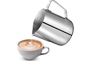 HONGTELLOR 350ml Jarra Leche Barista 304 Acero Inoxidable, Jarra de Espuma de Leche, Jarra de Leche con Medición 12oz, con Marca de Medición (onzas y ml) Jarra Cafe para Capuchino, Espresso, Latte Art.