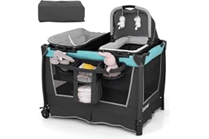 GYMAX Baby Travel Cot, 4-in-1 Foldable Infant Crib with Changing Table, Storage Basket, Toys and Wheels, Newborn Bassinet Bed from Birth to 15kg (Mint Green)