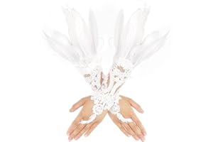YOLEV Guantes sin Dedos de Encaje Guantes de Fiesta con Plumas para Mujer Blancos Largos Guantes Disfraz de Bruja de Plumas de Carnaval Disfraz de Cisne para Mujer Boda Fiesta de Halloween